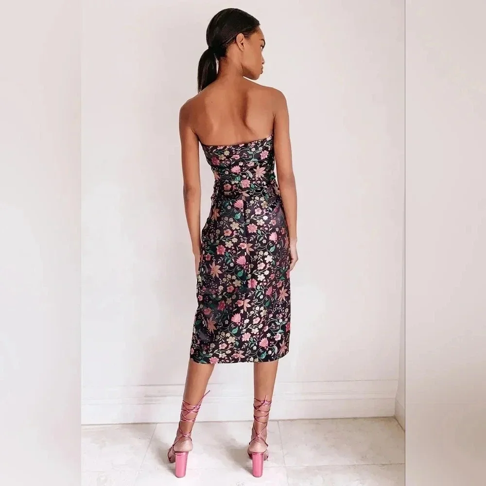 Lulu's Make a Move Black Satin Floral Jacquard Strapless Midi Dress Party - Picture 5 of 10